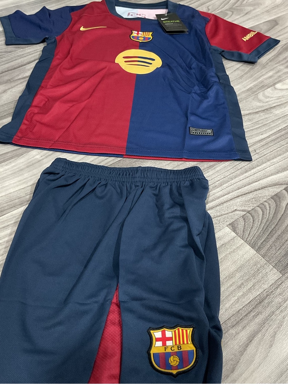 Nike Kids Barcelona Half-Red Half-Navy Soccer Costume Set with Yellow Accents